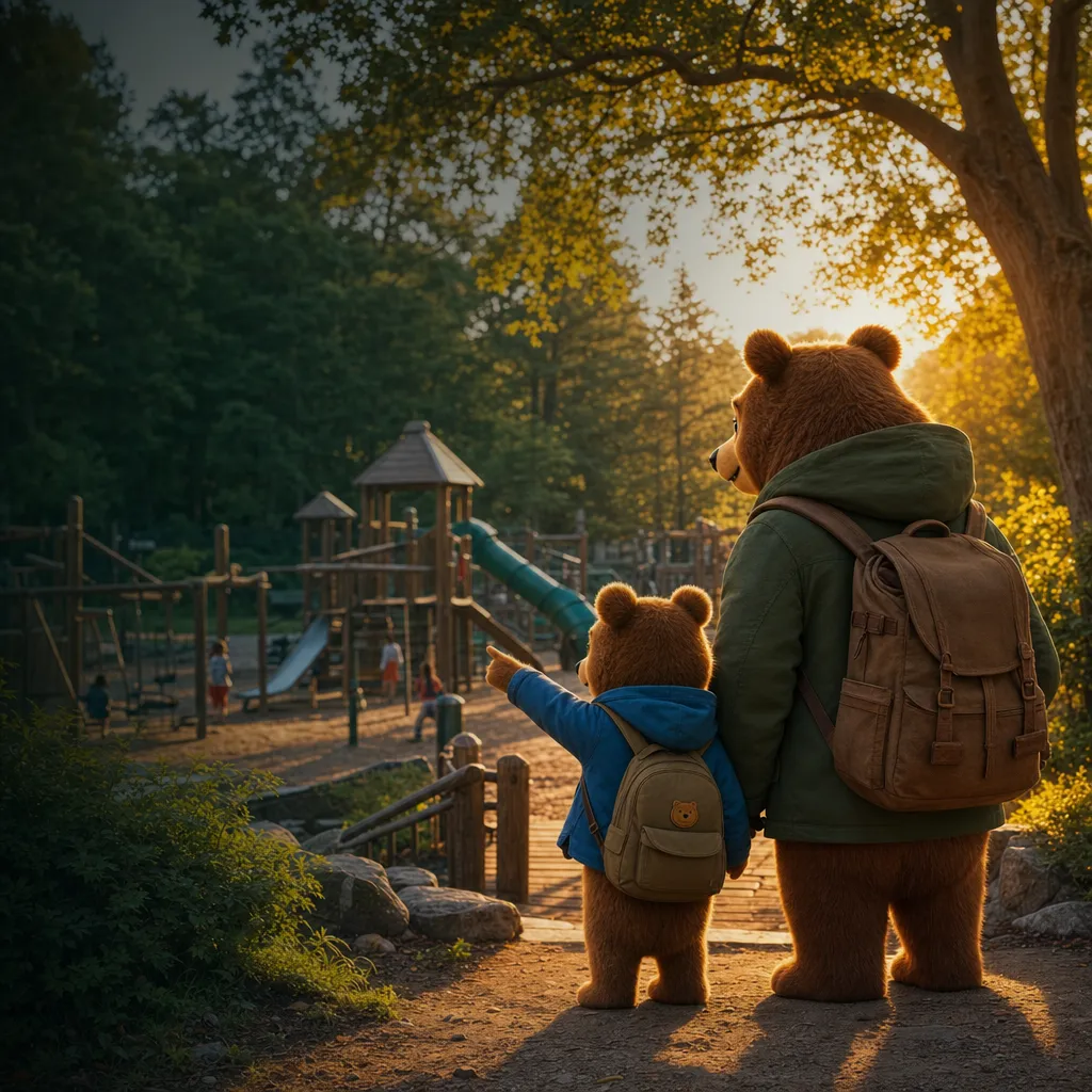 A family exploring a colorful playground together