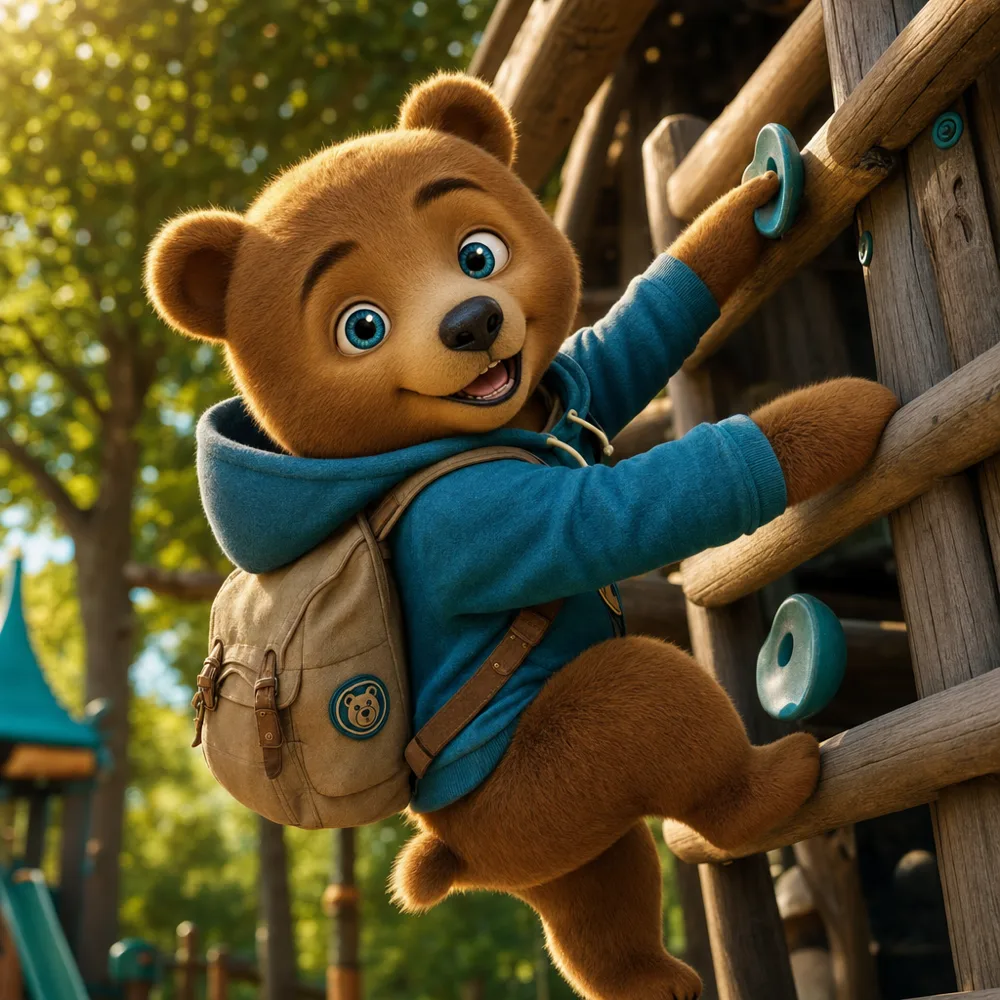 A bear cub climbing at a playground